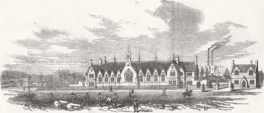 STAFFS. Mining school and chapel, Wednesbury 1855 old antique print picture